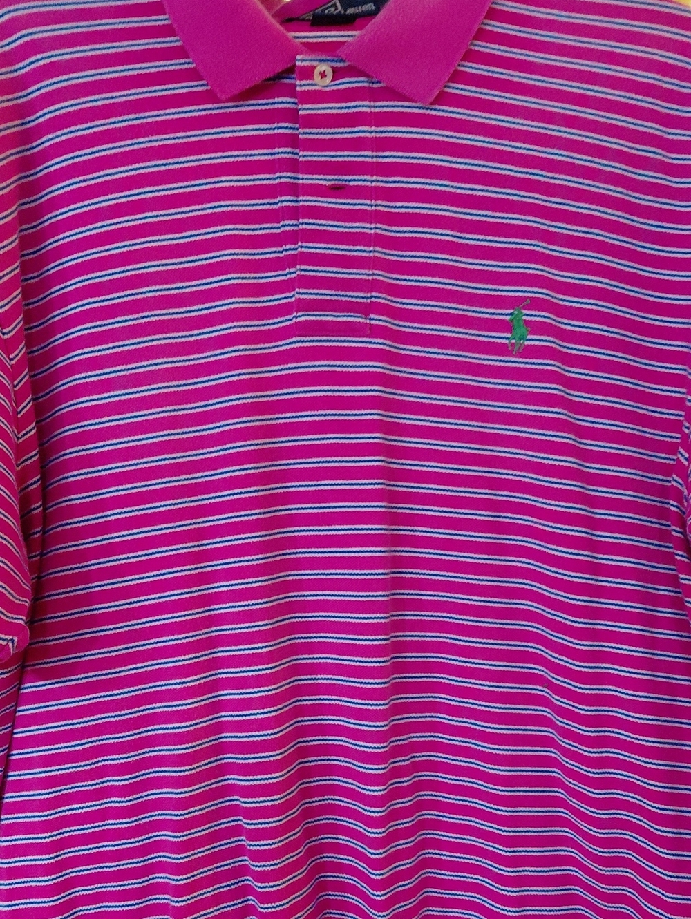 Ralph Lauren Hot Pink Striped Polo with Green Pony Size Xl